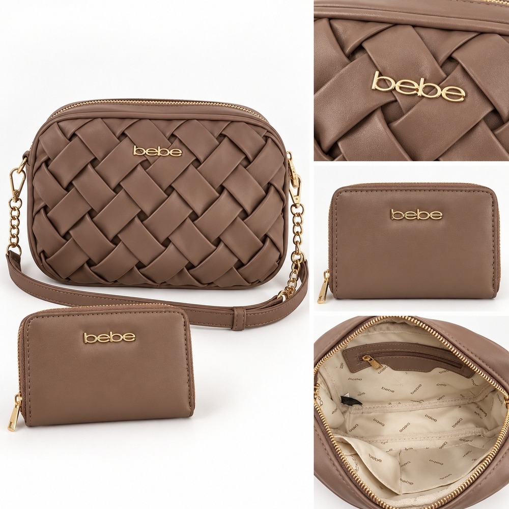Bebe Woven Camera Crossbody Bag and Wallet Set Taupe Brown Gold Hardware NEW
